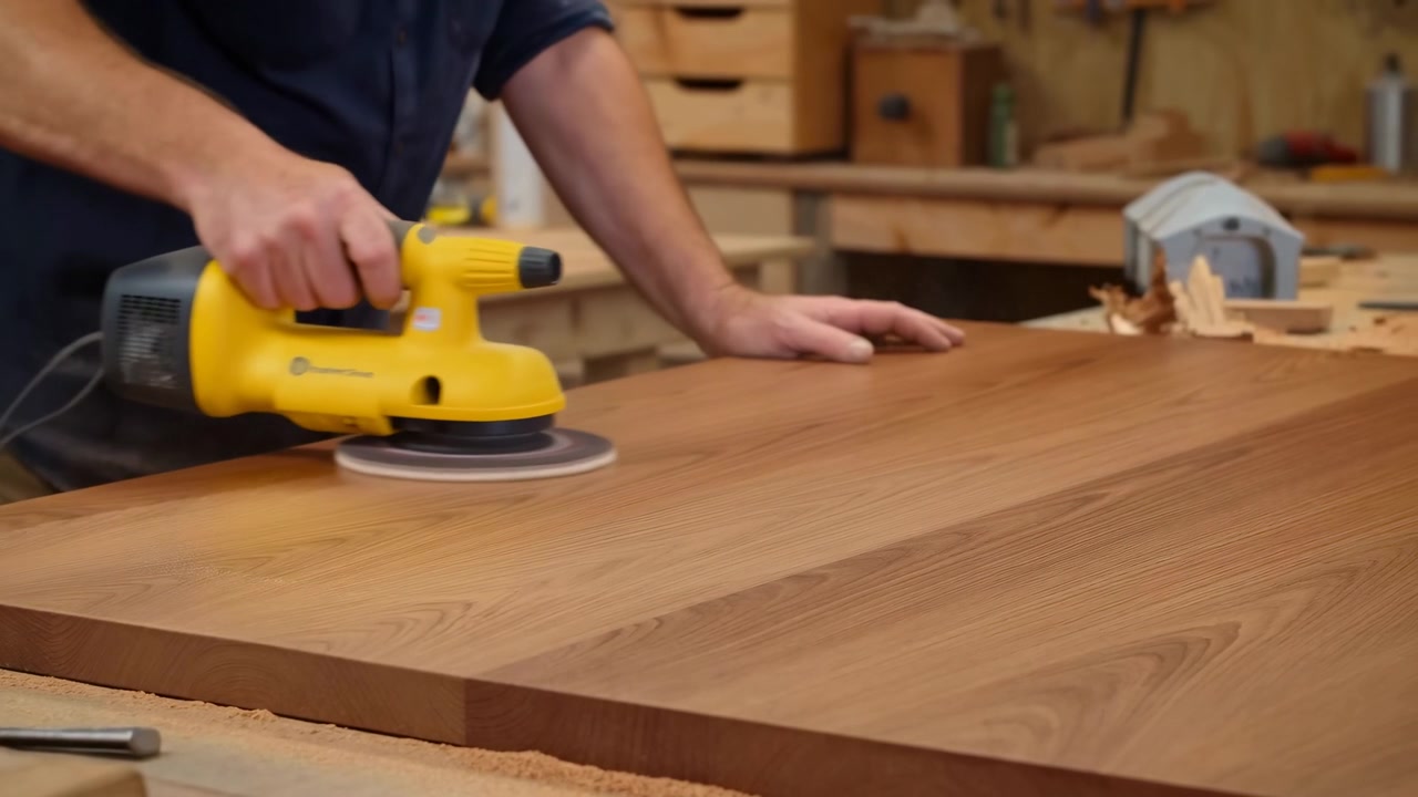 Close view shows the sander traveling left and right over the flat wood surface while one hand guides the tool and the other steadies the panel amid benches, tools, and wood shavings.