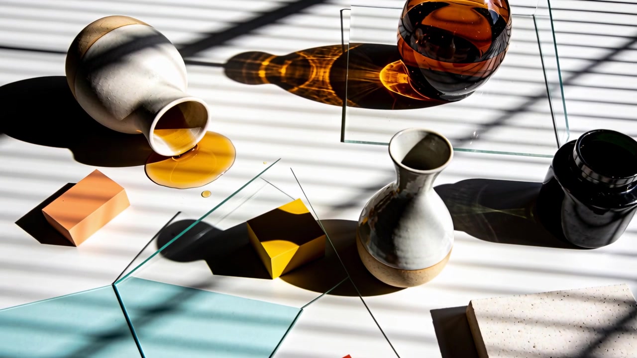 Shifting blinds casting striped shadows across table, revealing tipped pitcher and amber sphere