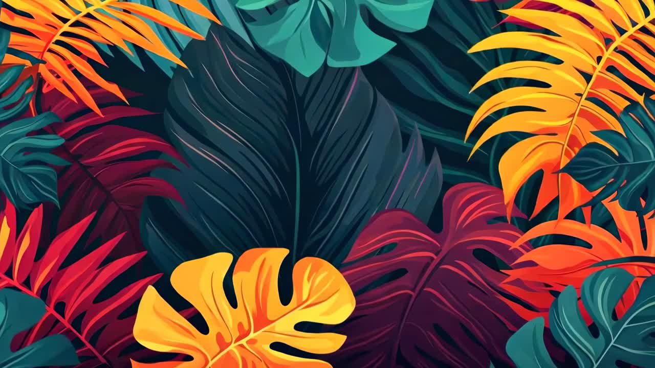 Vibrant tropical leaves in bold colors, viewed from above. The style is digital art, perfect