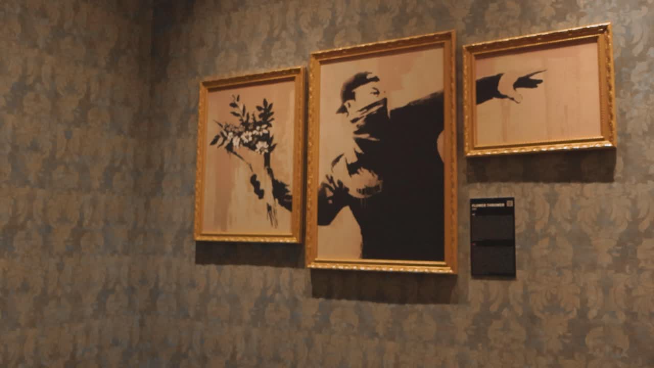 Iconic multi-layered stencil artwork by Banksy called Flower Thrower or Flower bomber, showing a man throwing a flower bouquet. Artwork is on three separate canvases being placed side by side.