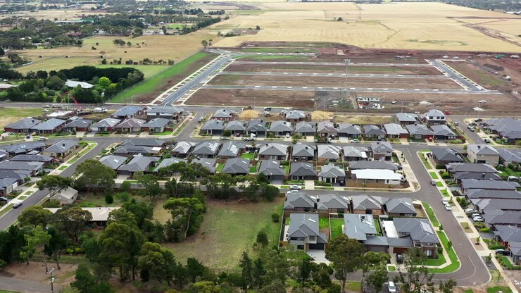 AERIAL Newly Developed Housing Estate And Land Ready For New Buildings