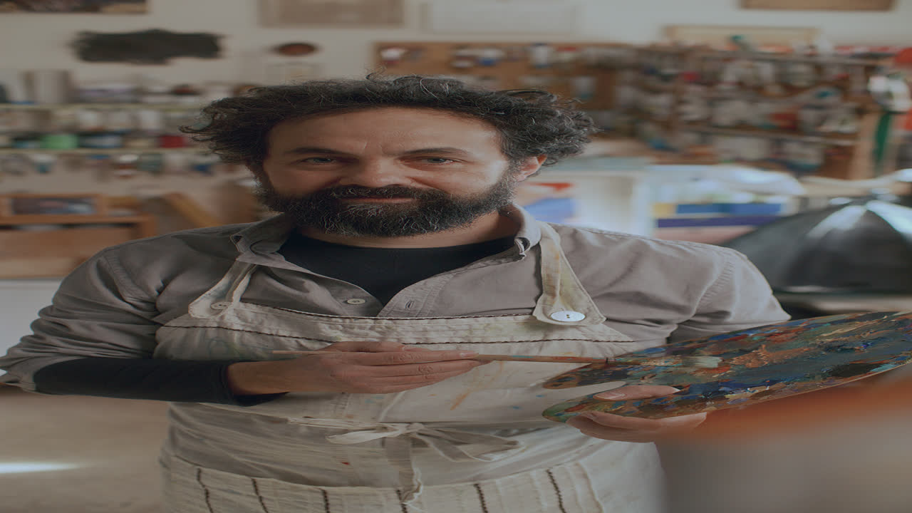 Portrait of Smiling Middle Aged Artist with Palette and Brush in His Studio