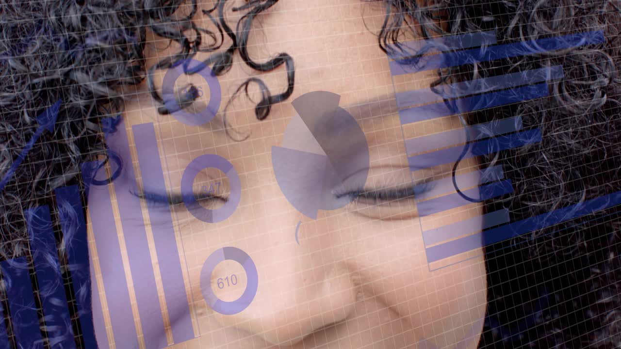 Woman opening eyes, animating blue gauges and bar charts over face, revealing real-time data