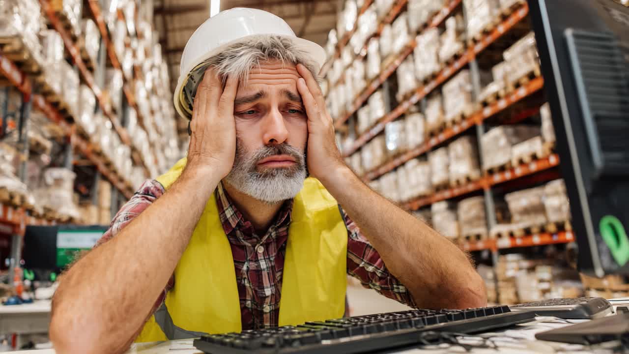 A Frustrated Warehouse Worker Seeking Solutions at His Computer Amidst Stacks of Inventory, Highlighting the Challenges of Logistics Management and Work Stress