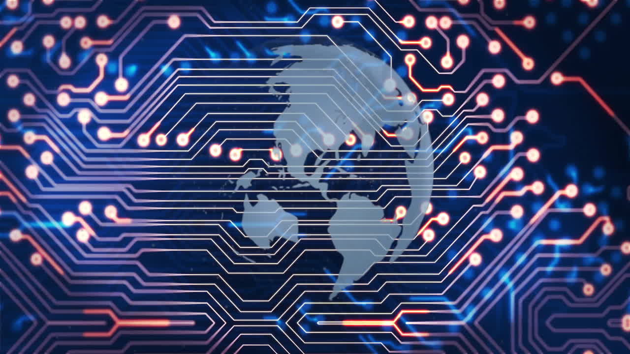 Circuit board animation over world map, representing global digital connectivity