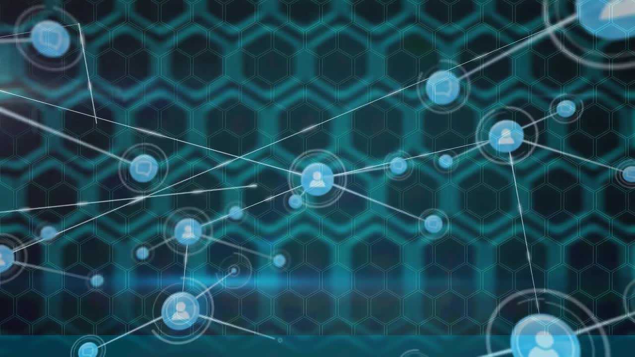 검은색 배경에 육각형 모양 패턴 디자인 위에 프로필 아이콘 네트워크의 애니메이션