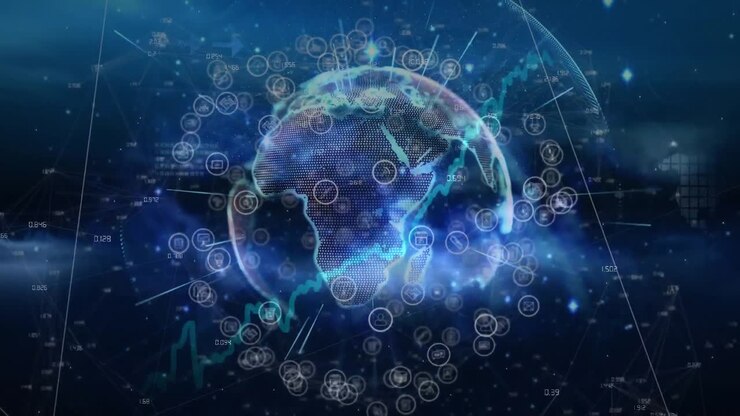 Animation of network of connections and financial data processing over globe