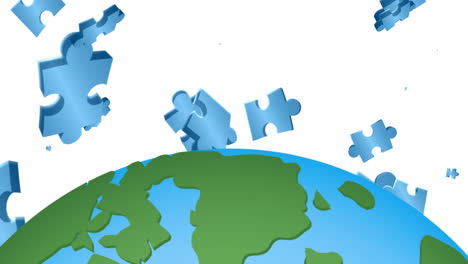 animation of blue puzzle pieces falling over globe on white background
