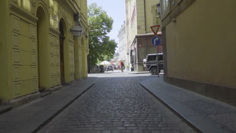 romantic cobblestone alleyway in european streets of prague