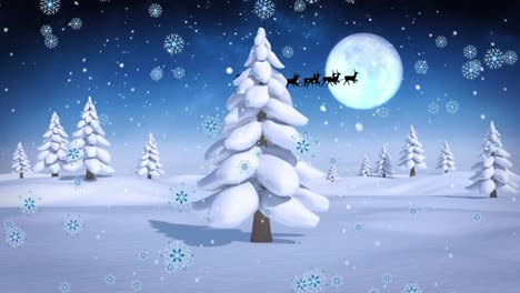 Animation-of-santa-claus-in-sleigh-with-reindeer-in-winter-landscape