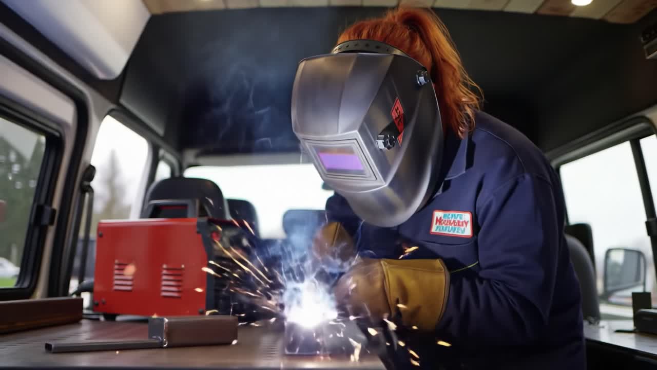 Woman Welder in a Van