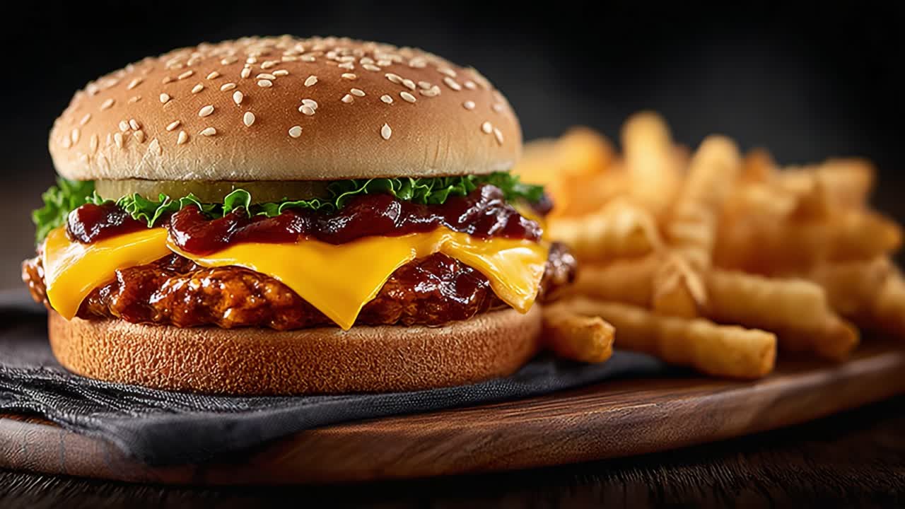 Delizioso hamburger di pollo al barbecue con formaggio fuso e lattuga fresca servito insieme a croccanti patatine fritte su un rustico tagliere di legno