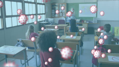 multiple covid 19 cells floating against female teacher wearing face mask teaching at school