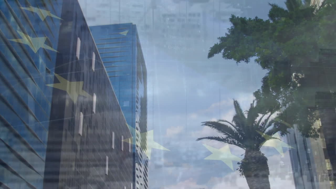 도시 풍경 위의 eu 발의 애니메이션