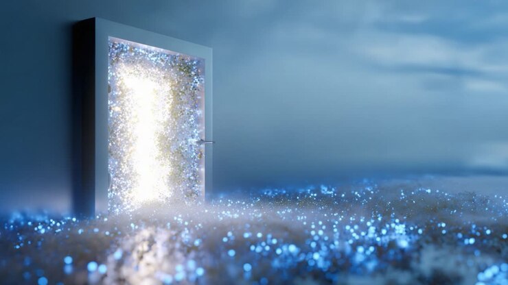 A mystical door stands open, glowing with shimmering lights, revealing an otherworldly space filled with vibrant colors and enchanting elements, inviting exploration