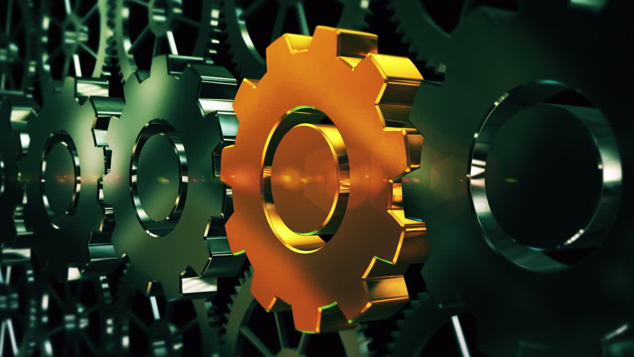 el engranaje dorado se destaca, los engranajes giran lentamente, un bucle perfecto.