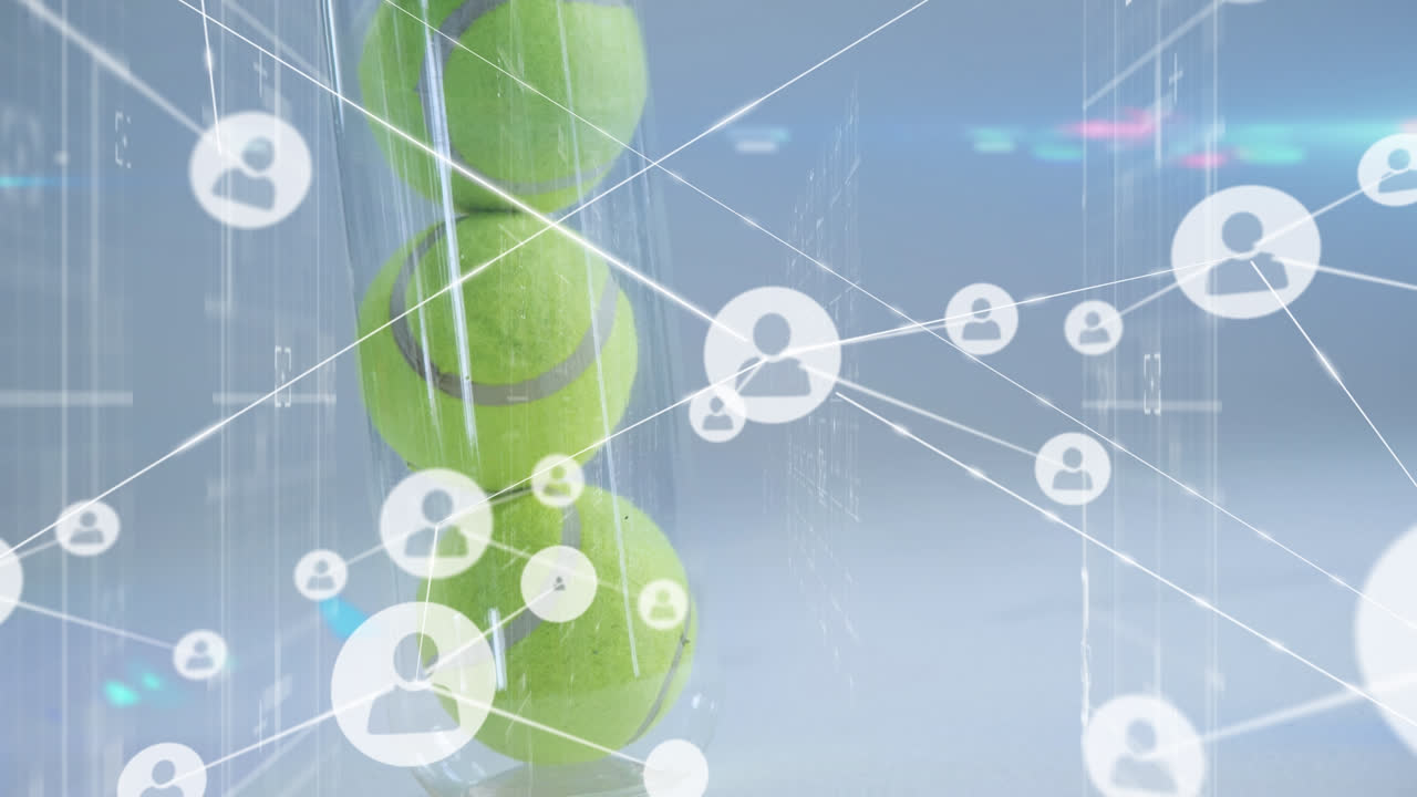 테니스 공 위의 아이콘으로 연결된 네트워크의 애니메이션