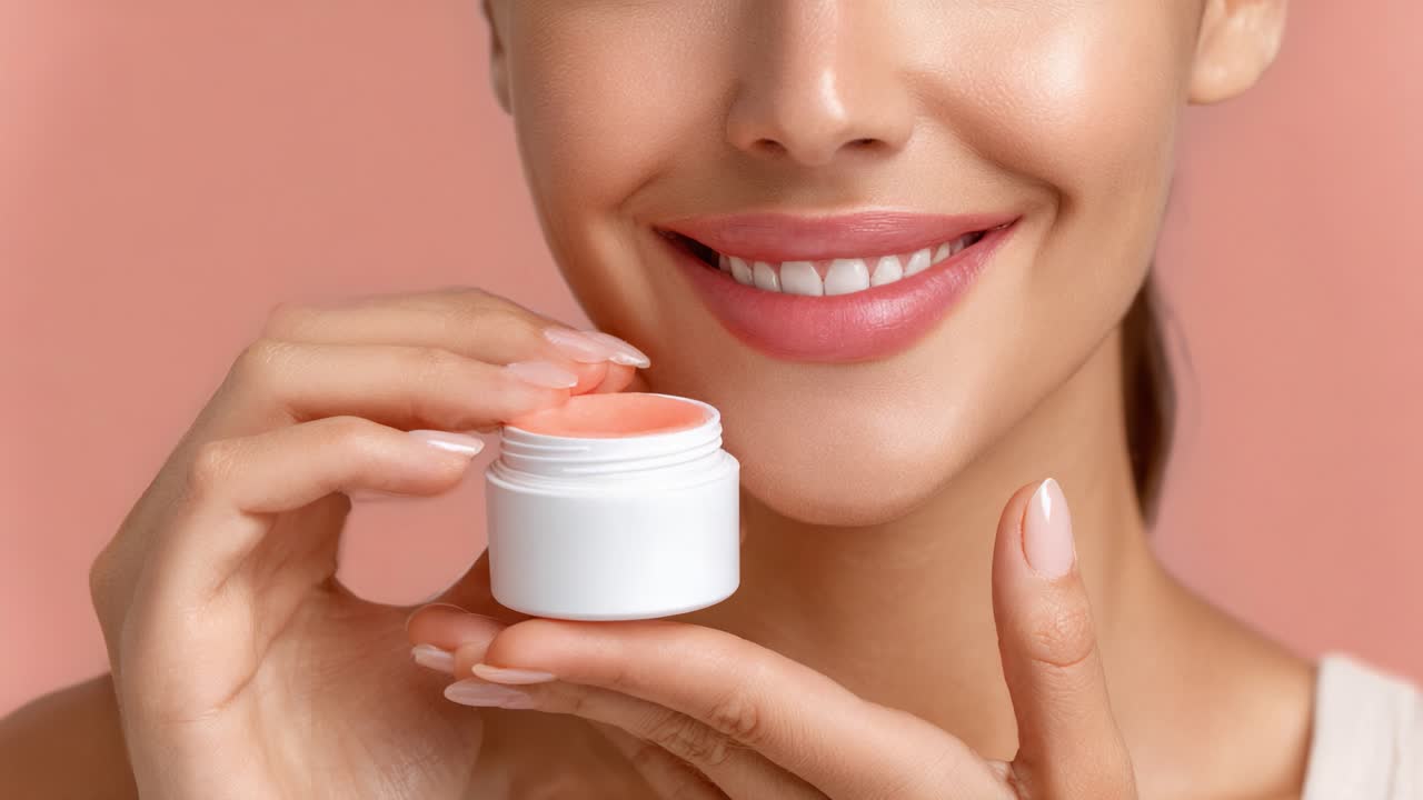 A Radiant Smile: A Young Woman Delights in Her Beauty Routine with a Nourishing Skincare Cream, Reflecting Confidence and Care in a Soft Pink Setting