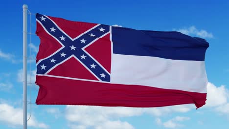 mississippi flag on a flagpole waving in the wind, blue sky background. 4k