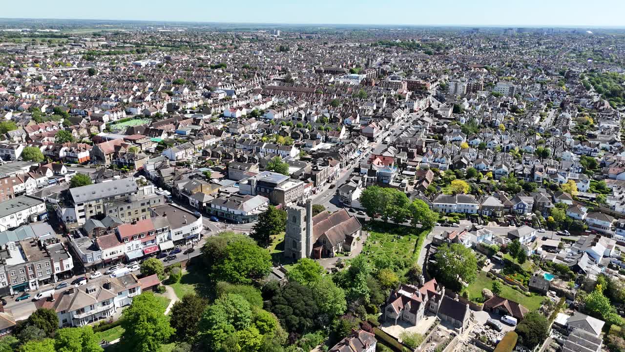 Leigh on Sea Essex UK town centre and high street establishing aerial shot