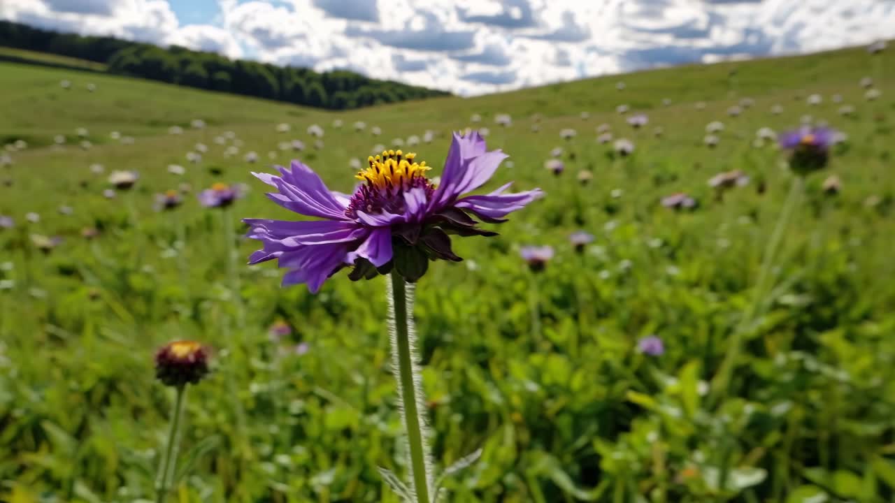 Close-up de uma flor roxa em um campo, fotografada de um ângulo baixo