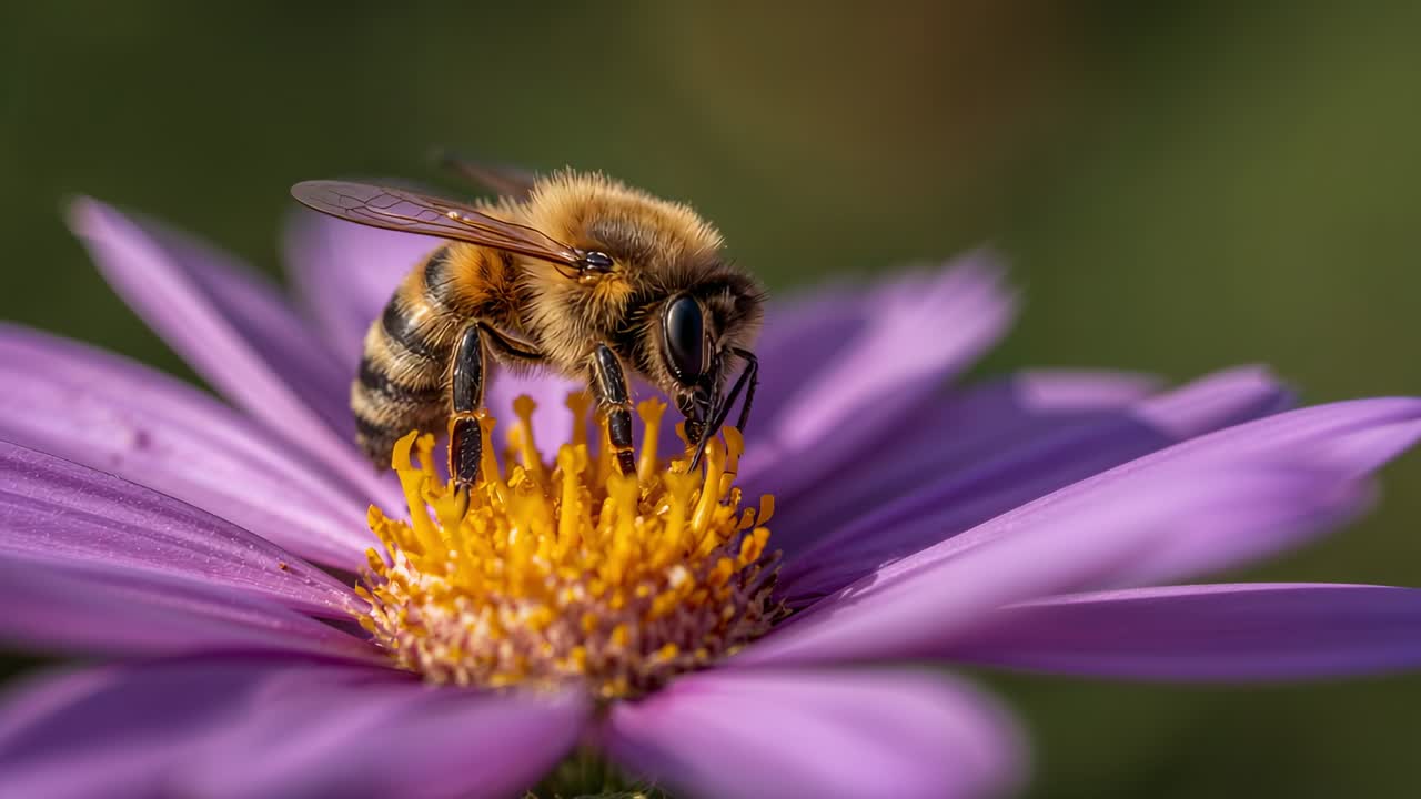 Landende Honigbiene, die eine violette Blüte im Garten untersucht, Nektar saugt und Pollen sammelt