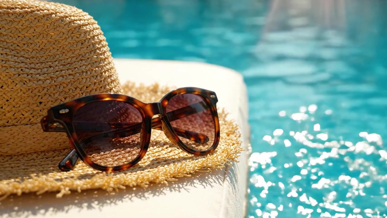 Eine entspannende Sommerszene mit stilvoller Sonnenbrille und einem Strohhut am erfrischenden Poolrand, perfekt für Ausflüge bei warmem Wetter und entspannte Tage im Freien.