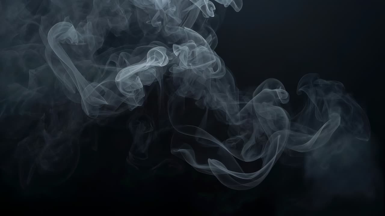 Unfurling white-gray smoke ribbons shifting across dark backdrop, thinning and diffusing outward