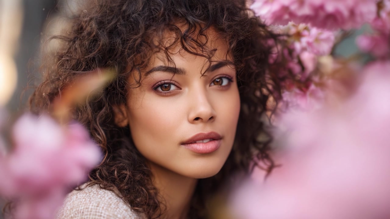 Un portrait serein d'une jeune femme au milieu de fleurs roses épanouies, capturant son charme naturel et son élégance dans un cadre printanier au flou artistique