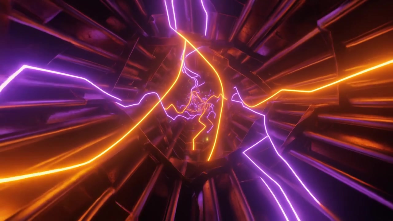 Abstract Tunnel With Glowing Orange and Purple Lightning Bolts