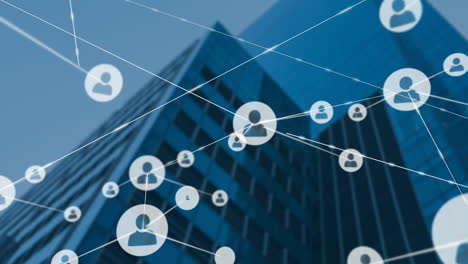 network of connected user icons animation over modern office buildings