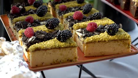 Cheesecake-slices-with-crumbly-topping,-blueberries,-and-raspberries-arranged-on-a-plate