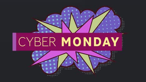 Animation-Von-Cyber-Monday-Text-über-Retro-Sprechblase-Auf-Dunklem-Hintergrund