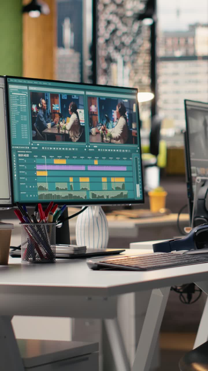 Vertical Video No People In Office, Video Editing Software, Streaming Platform, On Dual Monitor