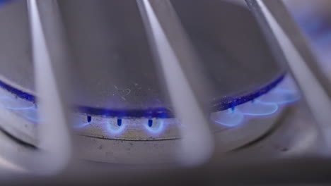 close-up of a gas stove burner with blue flames