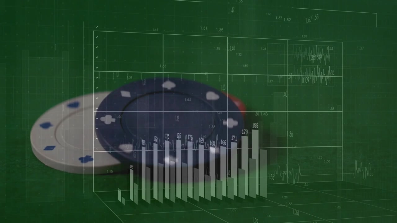 Red chip dropping from top starting chips rotating, colliding, stacking on felt grid, showing data