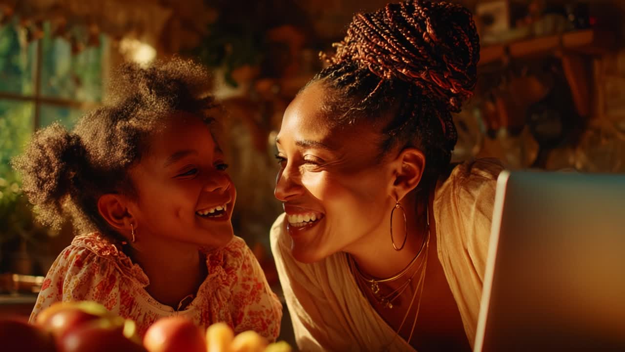 A heartwarming moment of laughter and joy shared between a mother and her daughter, surrounded by fresh fruits in a cozy kitchen, emphasizing love and connection in everyday life