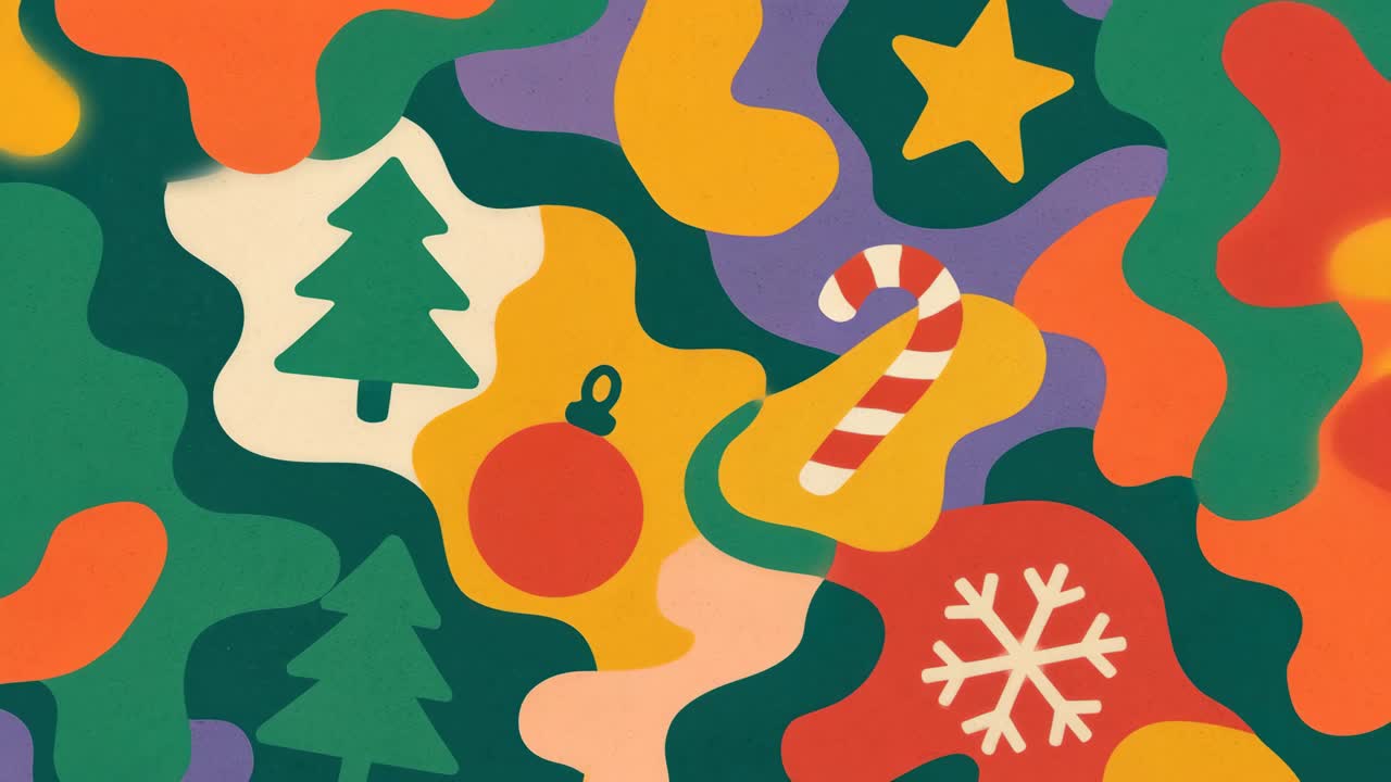 Colorful, abstract holiday shapes in a flat lay style, perfect for a festive video backdrop