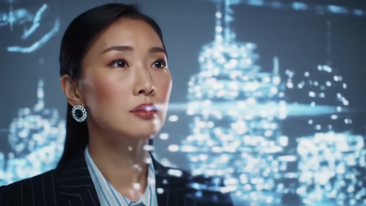 一位专注的职业女性在现代精致的环境中，若有所思地凝视着动态数字数据投影，体现了科技与商业的完美交汇。