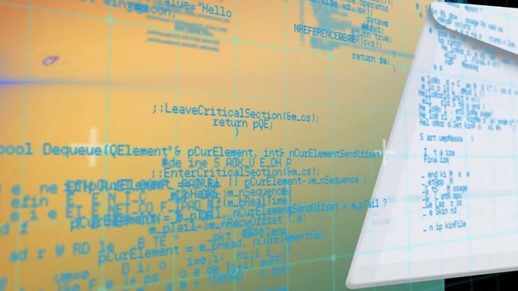 Animation of data processing over grid network and envelope against yellow background