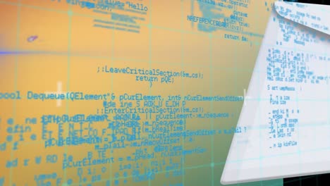 animation of data processing over grid network and envelope against yellow background