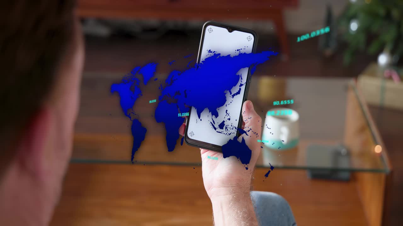 Mature man tilting smartphone, causing blue AR map and cyan labels shifting while viewing tech data
