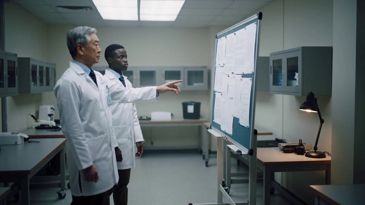 Clinico in camice da laboratorio che indica, avviando una revisione di documenti appuntati su una bacheca mobile, con spazio per il testo.