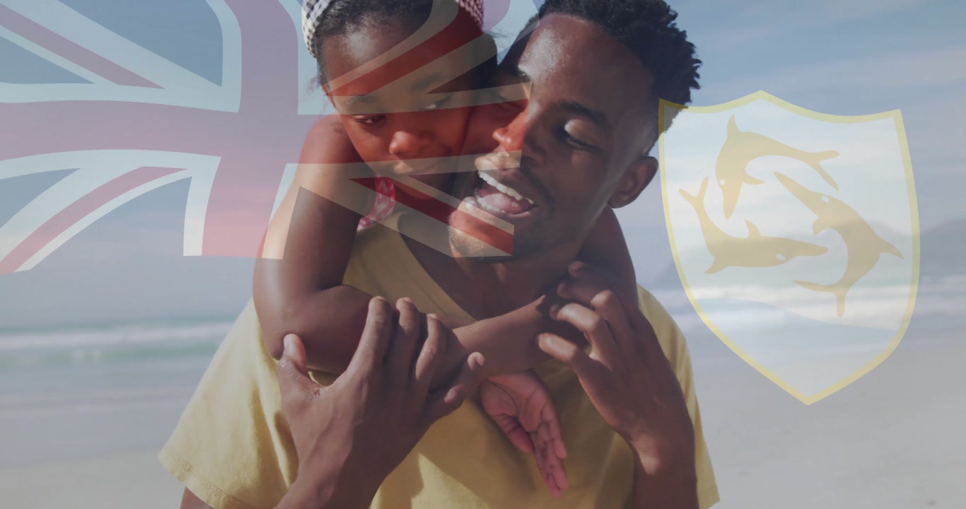 Man carrying child at beach, showcasing travel with translucent flag and dolphin shield overlays