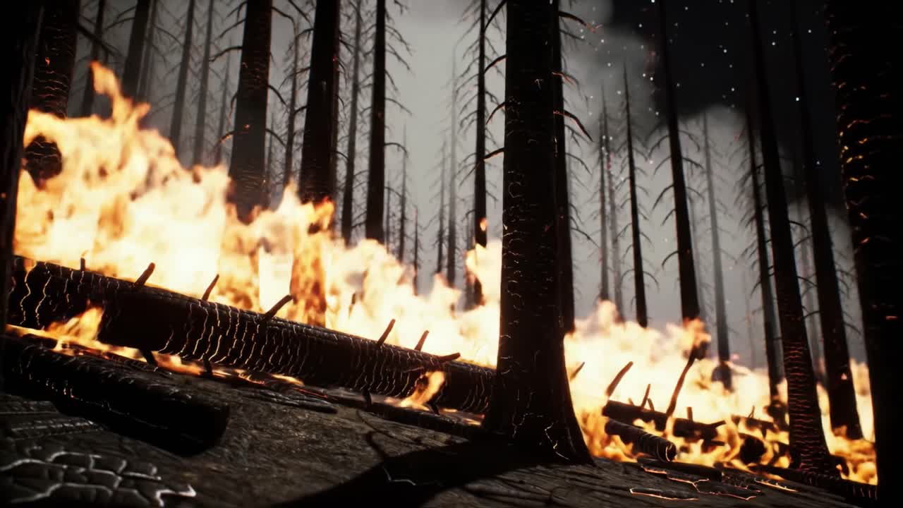 Devastating Forest Fire: A Frightening Display of Nature's Fury with Flames Engulfing Trees and Landscape, Highlighting the Dangers of Wildfires and Environmental Impact