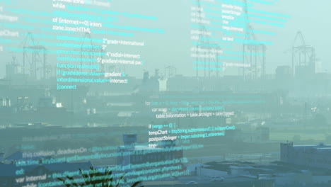 overlaying animation of computer code, industrial port scene with cranes and ships