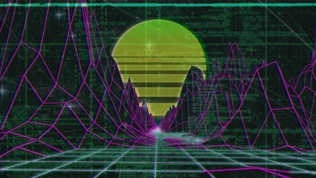 animación del procesamiento de datos sobre montañas digitales y sol