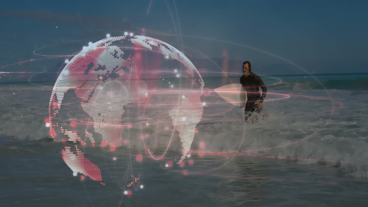 man in wetsuit running through ocean surf for technology project, overlaying holographic data globe