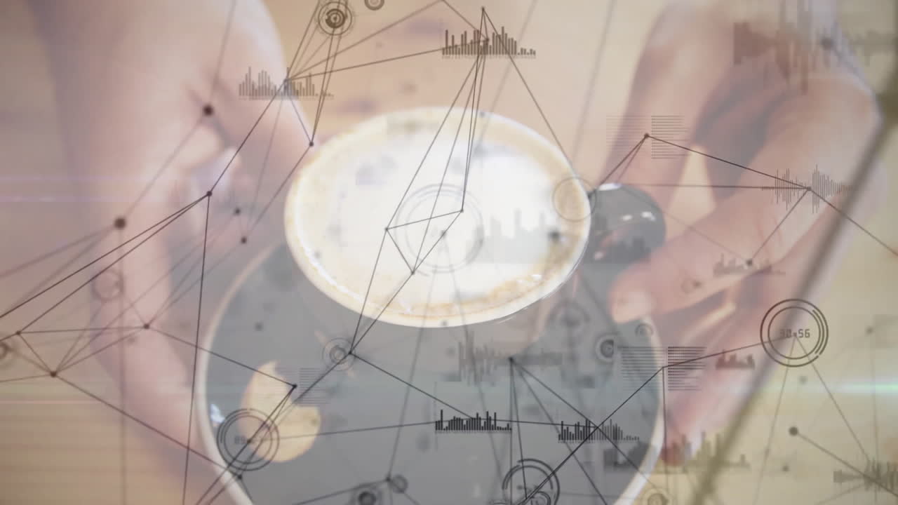 Ceramic coffee cup displaying digital network overlay on wooden tabletop in flat design