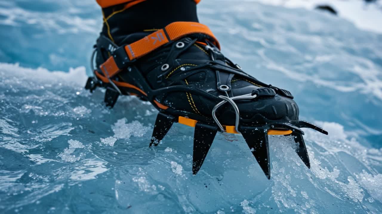Harnessing the Power of Mountain Climbing: A Close-Up of an Ice Climber's Crampon-Clad Boot on a Glacial Surface, Showcasing Trekking Gear and Winter Sports Innovation